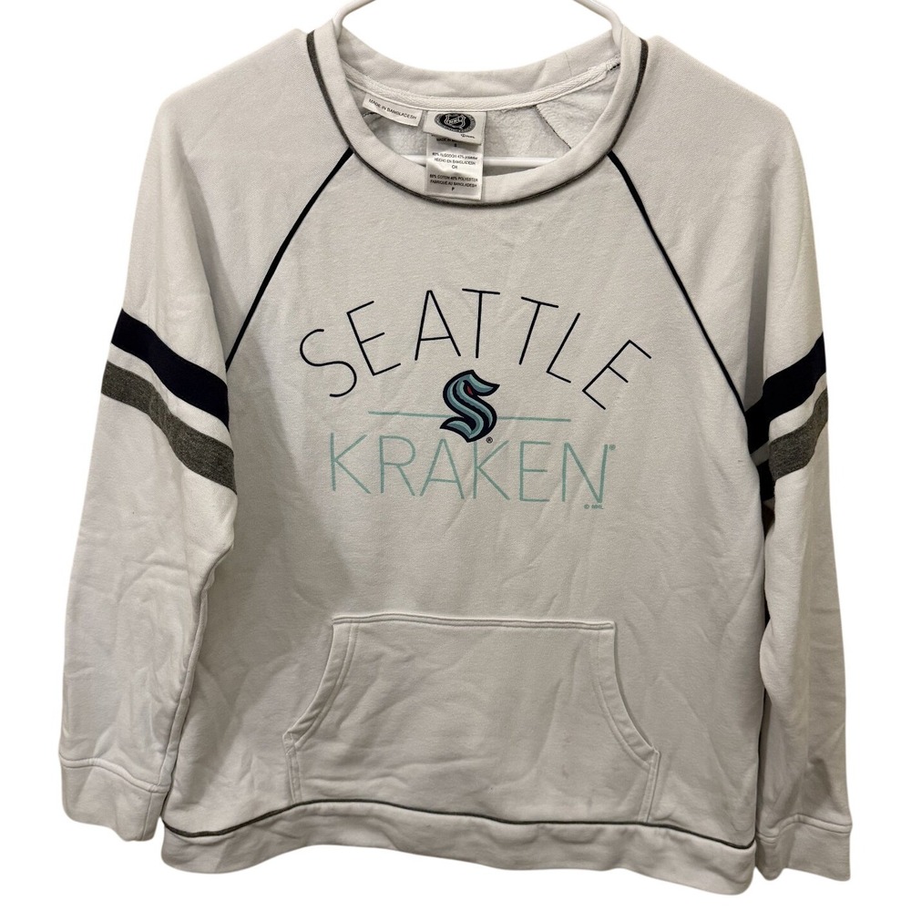 NHL Seattle Kraken Womens White Raglan Fleece Pullover Sweatshirt Small Logo